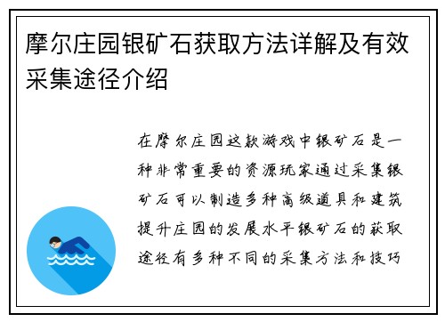 摩尔庄园银矿石获取方法详解及有效采集途径介绍