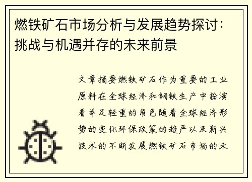 燃铁矿石市场分析与发展趋势探讨：挑战与机遇并存的未来前景